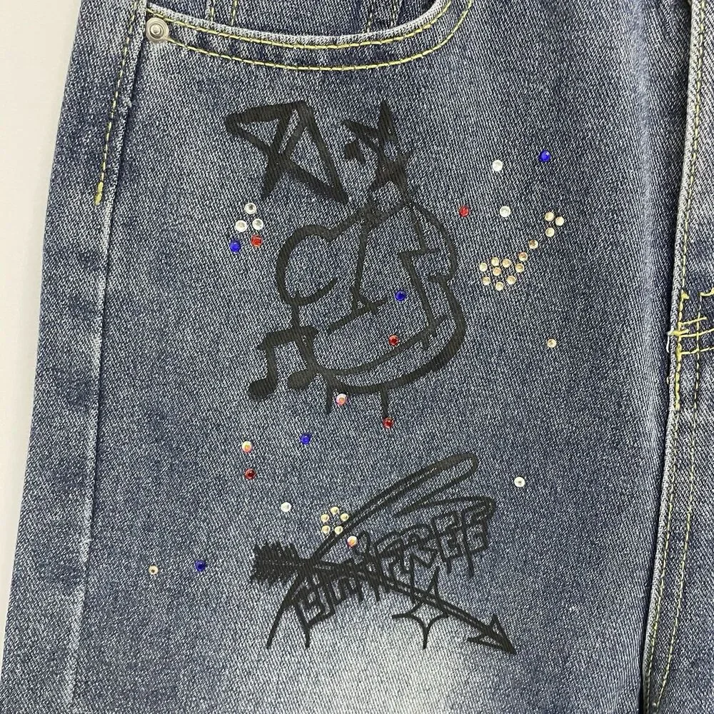 Hello Kitty Girls L Wide Leg Graffiti Art Rhinestone Blue Denim Jeans **READ**